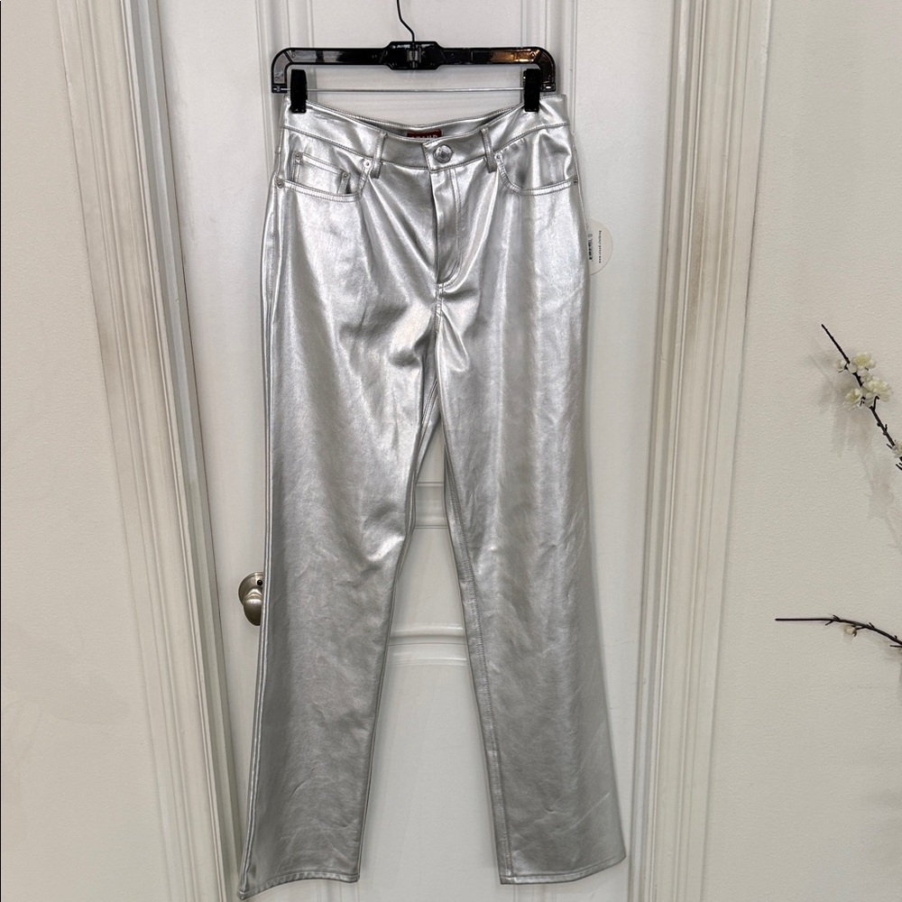 STAUD Metallic Silver Straight Leg Pants